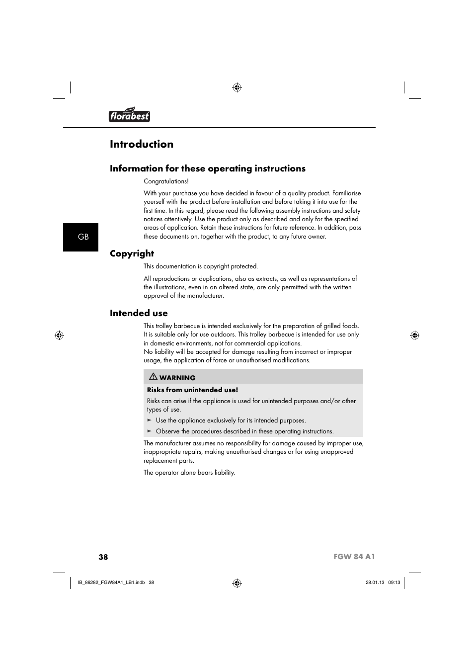 Introduction, Information for these operating instructions, Copyright | Intended use | Florabest FGW 84 A1 User Manual | Page 41 / 52