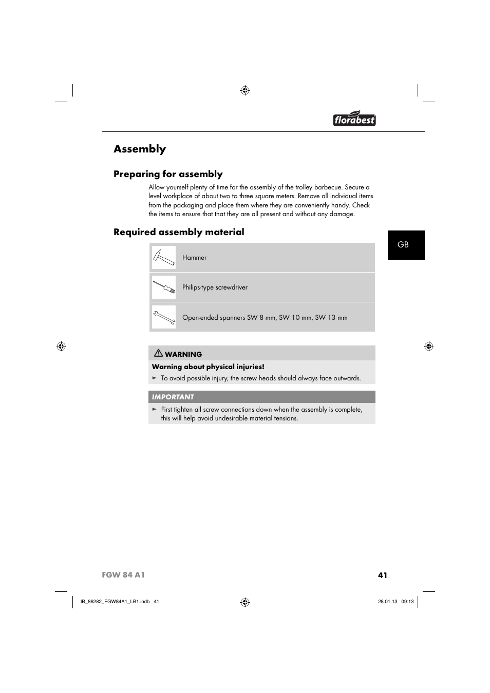 Assembly, Preparing for assembly, Required assembly material | Florabest FGW 84 A1 User Manual | Page 44 / 52