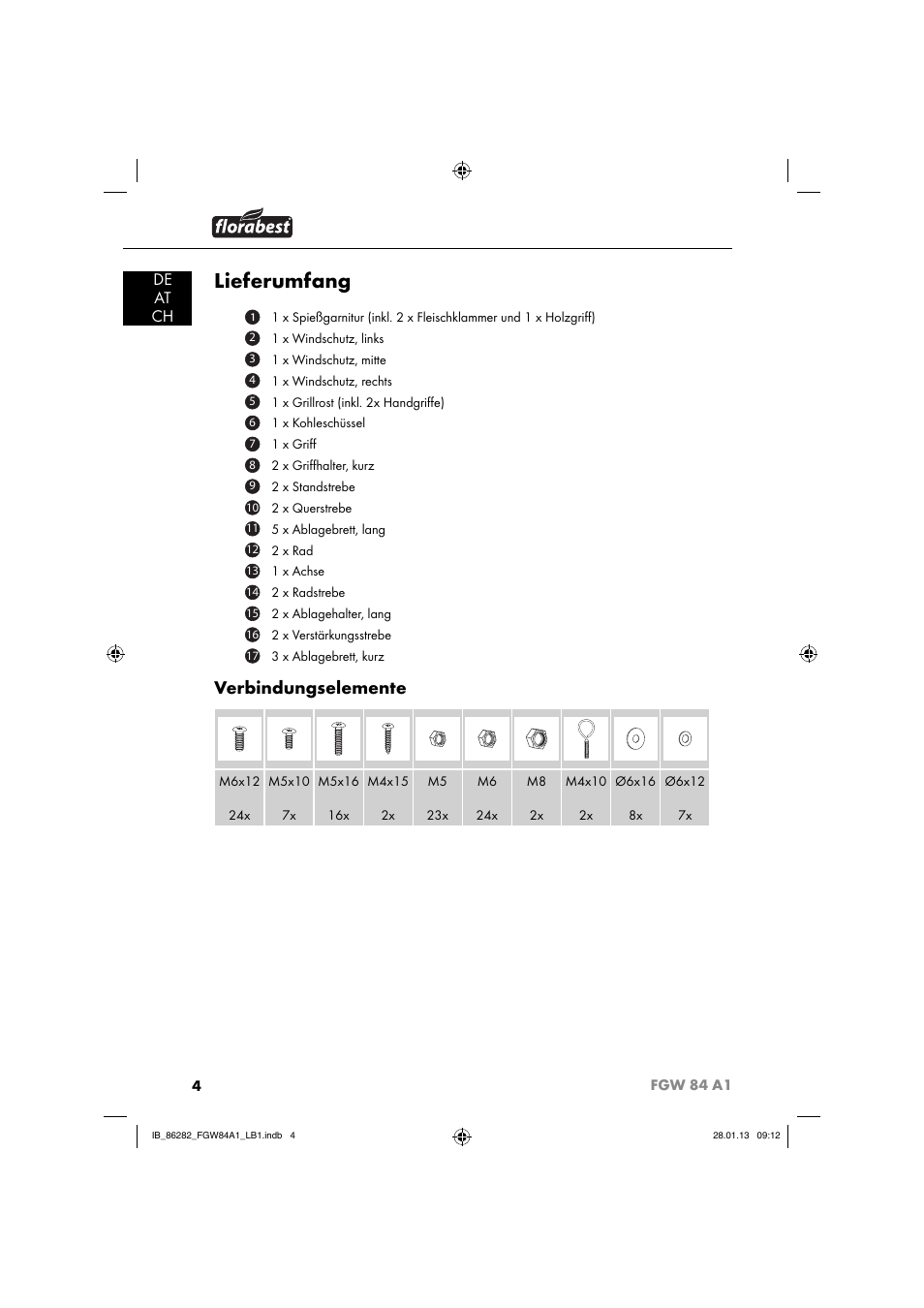 Lieferumfang, Verbindungselemente, De at ch | Florabest FGW 84 A1 User Manual | Page 7 / 52