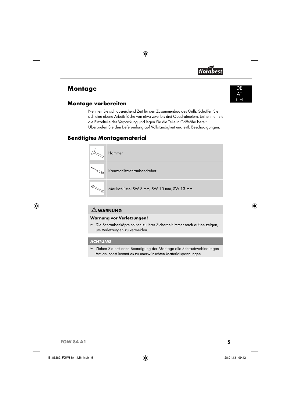 Montage, Montage vorbereiten, Benötigtes montagematerial | De at ch | Florabest FGW 84 A1 User Manual | Page 8 / 52