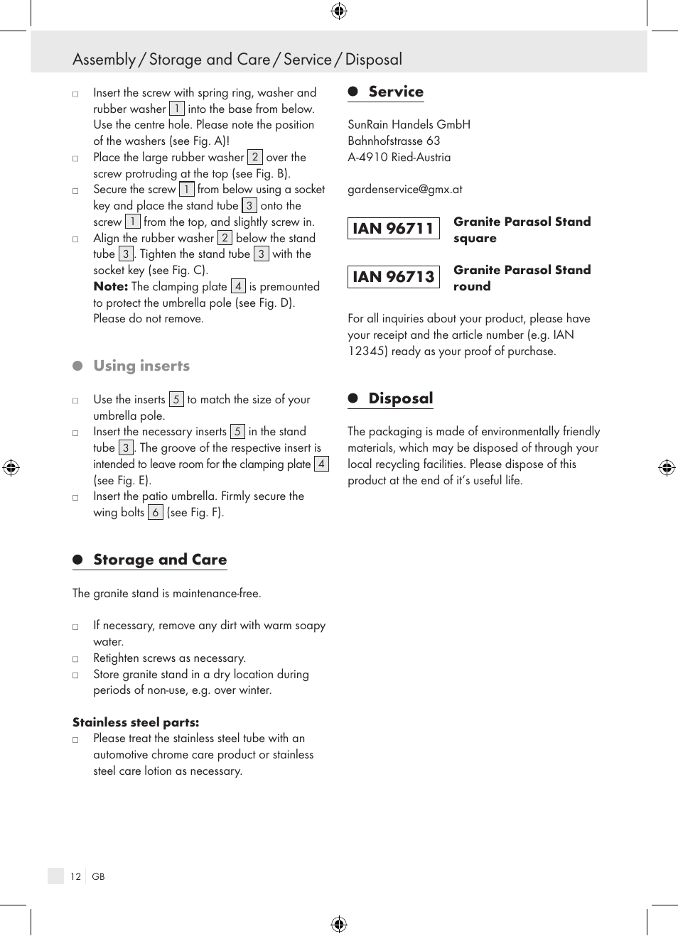 Assembly / storage and care / service / disposal, Using inserts, Storage and care | Service, Disposal | Florabest Granite Parasol Stand User Manual | Page 12 / 13