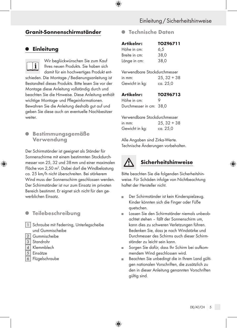 Einleitung / sicherheitshinweise, Granit-sonnenschirmständer einleitung, Bestimmungsgemäße verwendung | Teilebeschreibung, Technische daten, Sicherheitshinweise | Florabest Granite Parasol Stand User Manual | Page 5 / 13