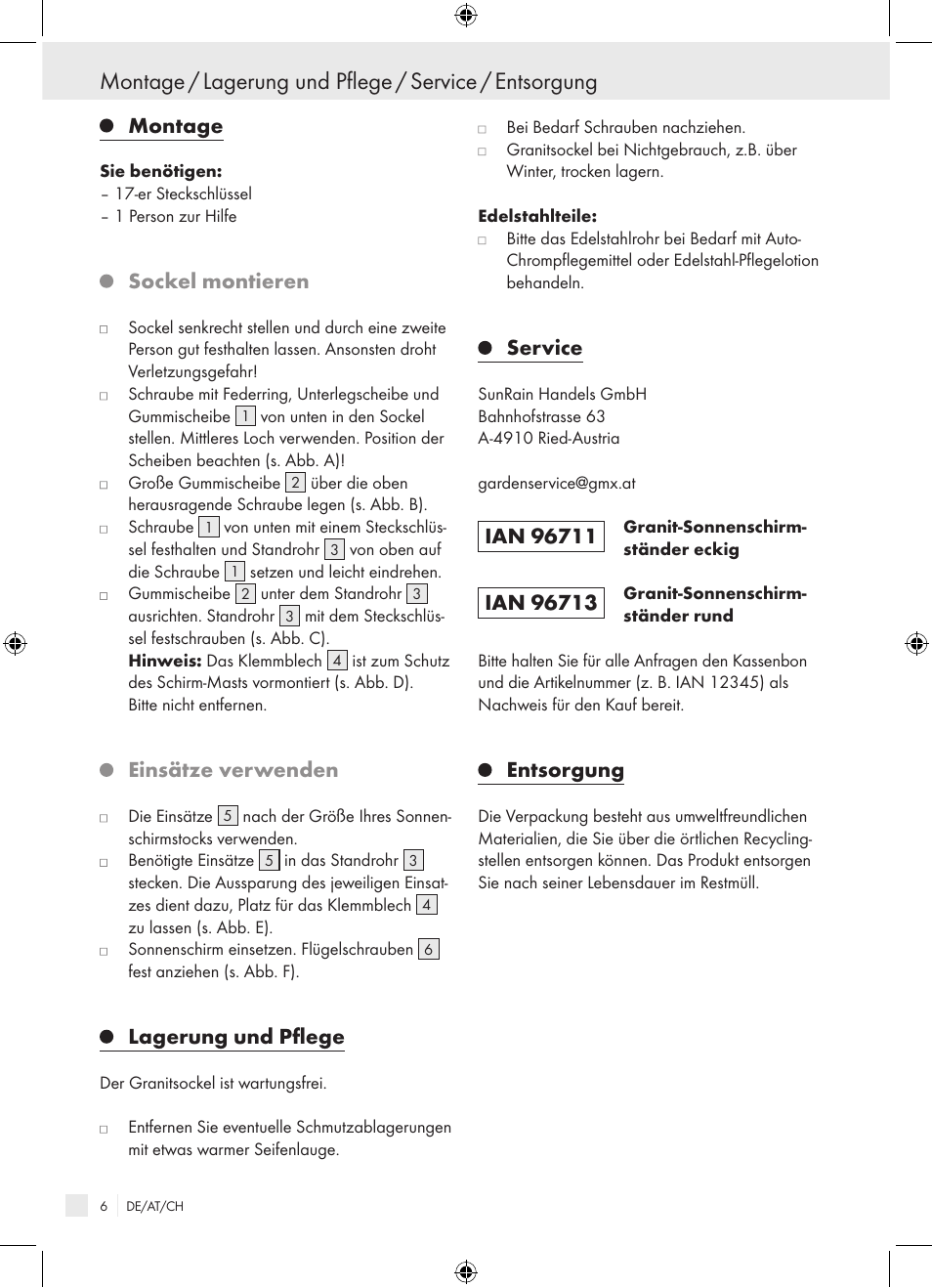 Montage, Sockel montieren, Einsätze verwenden | Lagerung und pflege, Service, Entsorgung | Florabest Granite Parasol Stand User Manual | Page 6 / 13