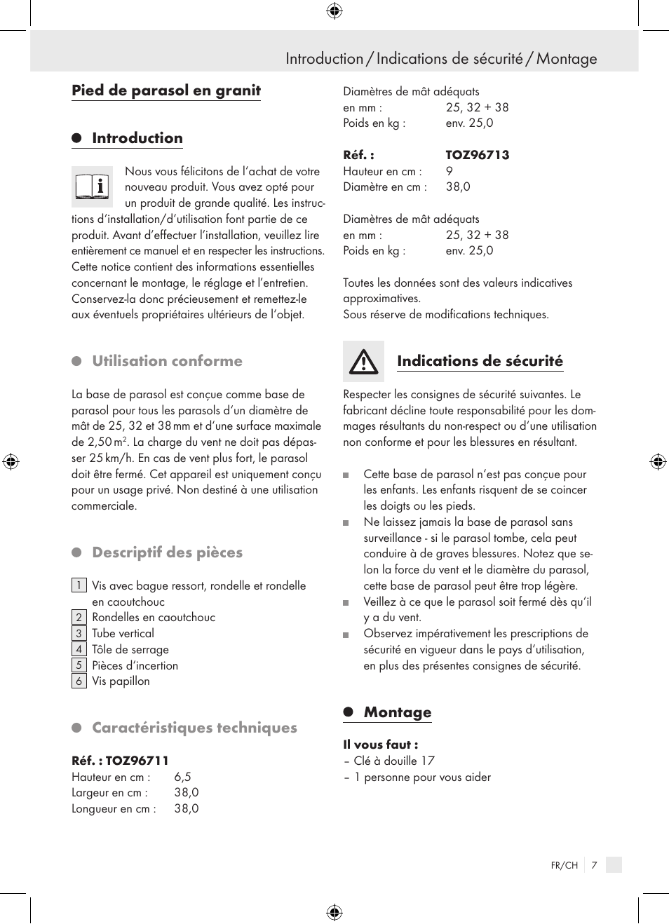 Introduction / indications de sécurité / montage, Pied de parasol en granit introduction, Utilisation conforme | Descriptif des pièces, Caractéristiques techniques, Indications de sécurité, Montage | Florabest Granite Parasol Stand User Manual | Page 7 / 13