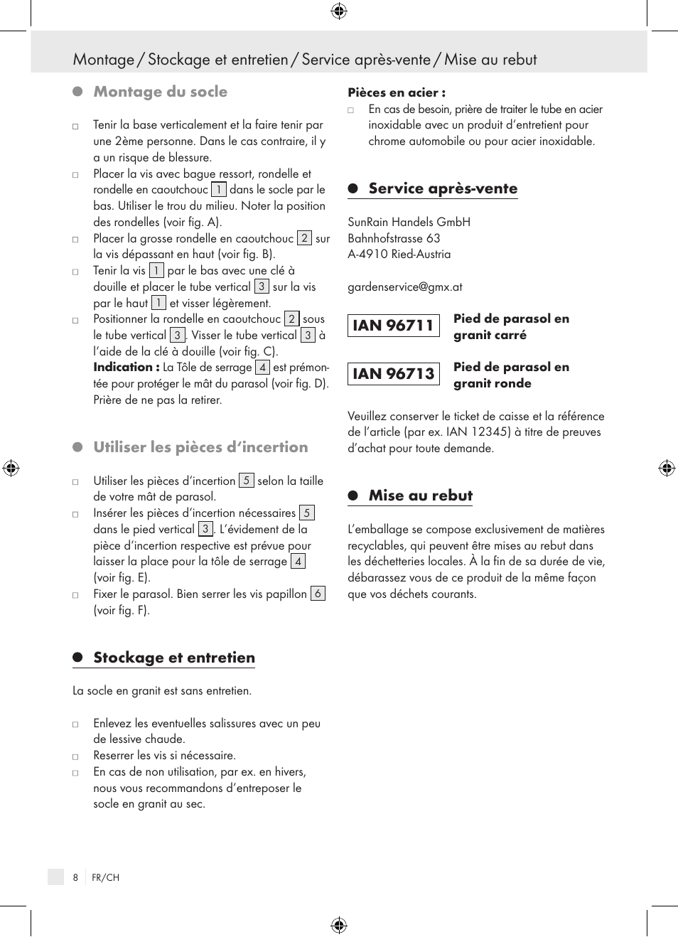 Montage du socle, Utiliser les pièces d‘incertion, Stockage et entretien | Service après-vente, Mise au rebut | Florabest Granite Parasol Stand User Manual | Page 8 / 13