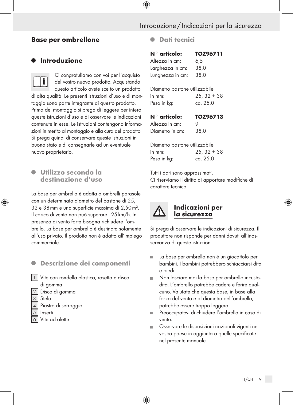 Introduzione / indicazioni per la sicurezza, Base per ombrellone introduzione, Utilizzo secondo la destinazione d’uso | Descrizione dei componenti, Dati tecnici, Indicazioni per la sicurezza | Florabest Granite Parasol Stand User Manual | Page 9 / 13