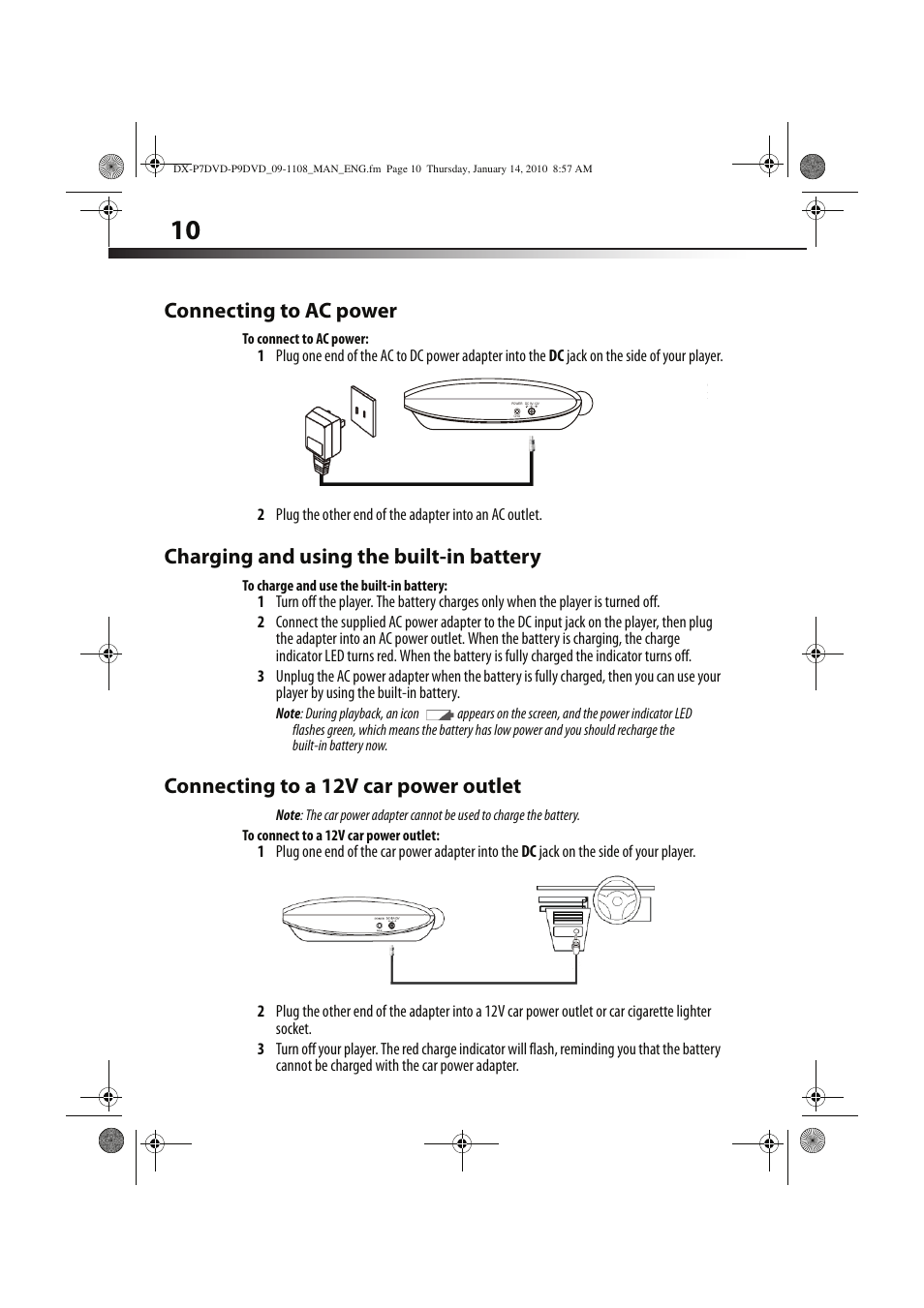 Connecting to ac power, Charging and using the built-in battery, Connecting to a 12v car power outlet | Dynex DX-P7DVD User Manual | Page 10 / 28