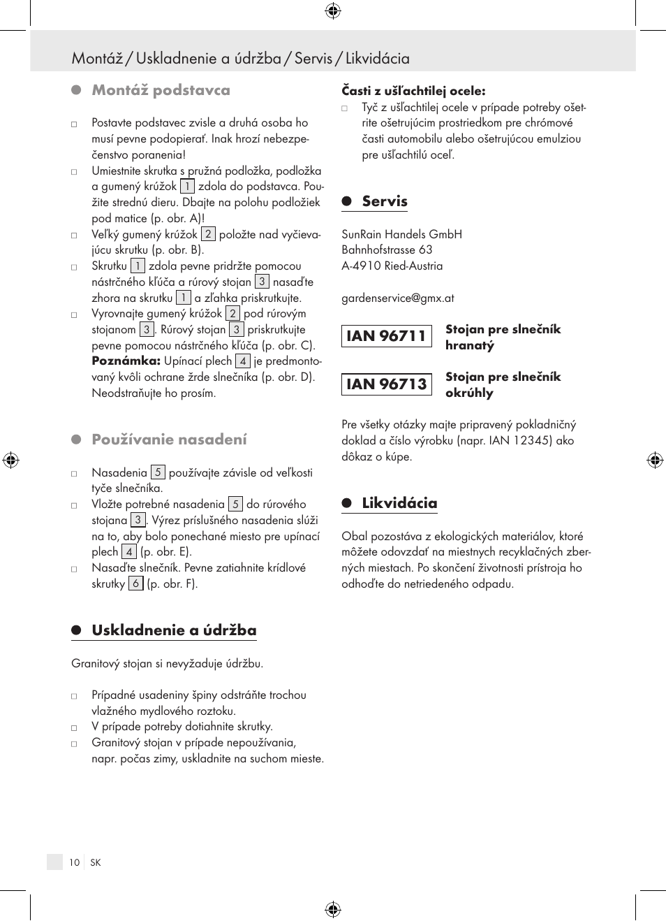 Montáž podstavca, Používanie nasadení, Uskladnenie a údržba | Servis, Likvidácia | Florabest Granite Parasol Stand User Manual | Page 10 / 13