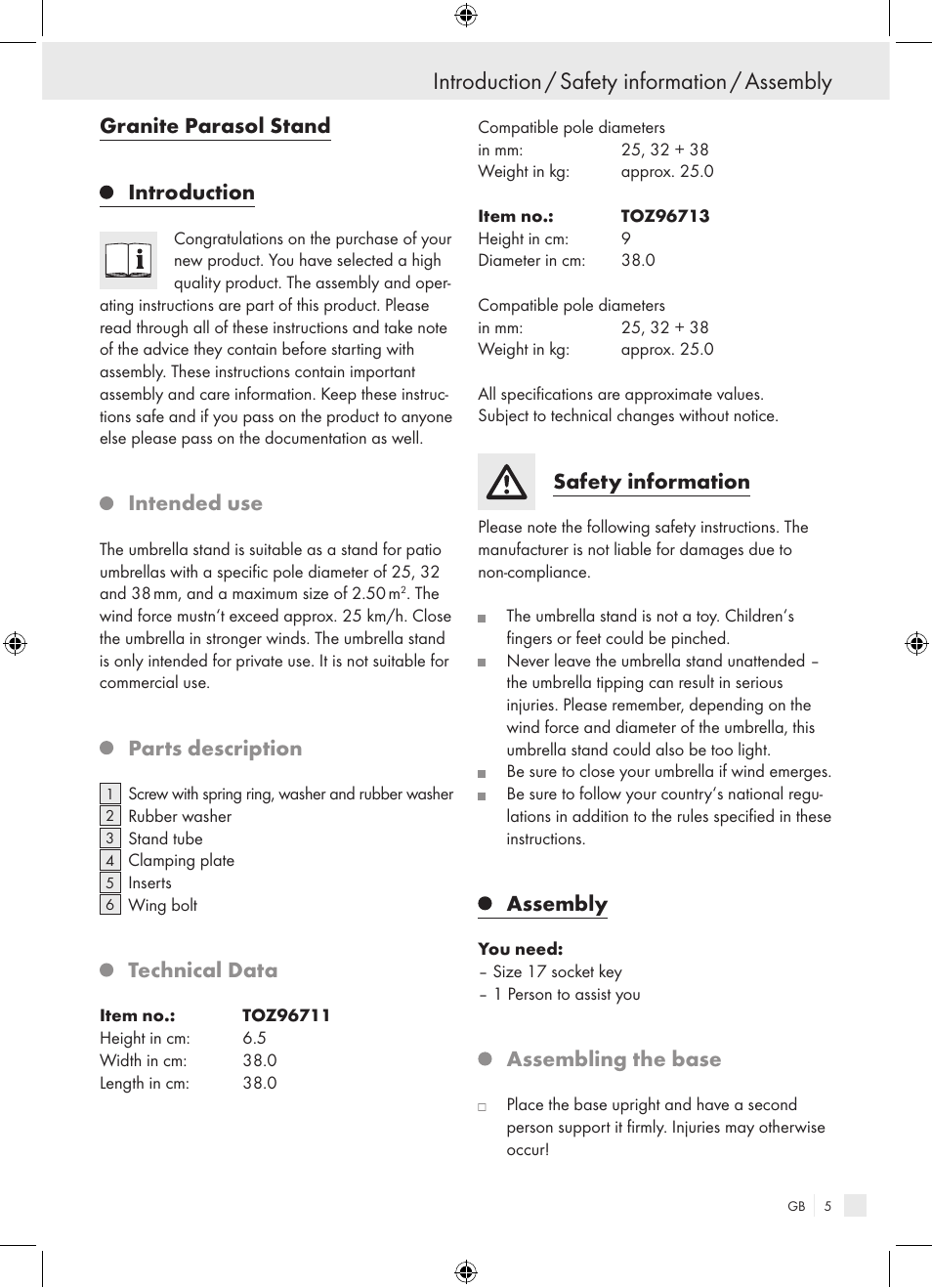 Introduction / safety information / assembly, Granite parasol stand introduction, Intended use | Parts description, Technical data, Safety information, Assembly, Assembling the base | Florabest Granite Parasol Stand User Manual | Page 5 / 13