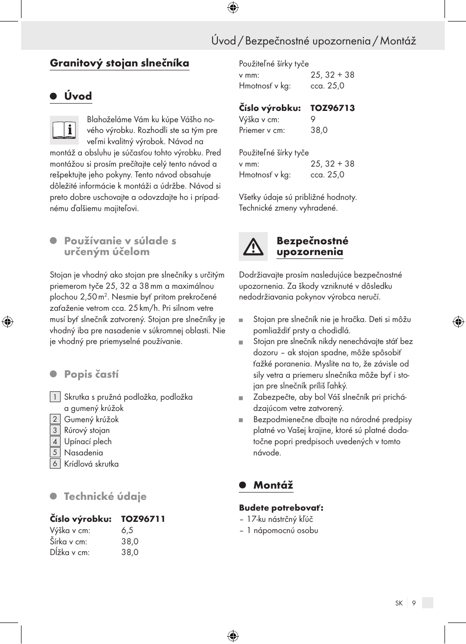 Úvod / bezpečnostné upozornenia / montáž, Granitový stojan slnečníka úvod, Používanie v súlade s určeným účelom | Popis častí, Technické údaje, Bezpečnostné upozornenia, Montáž | Florabest Granite Parasol Stand User Manual | Page 9 / 13