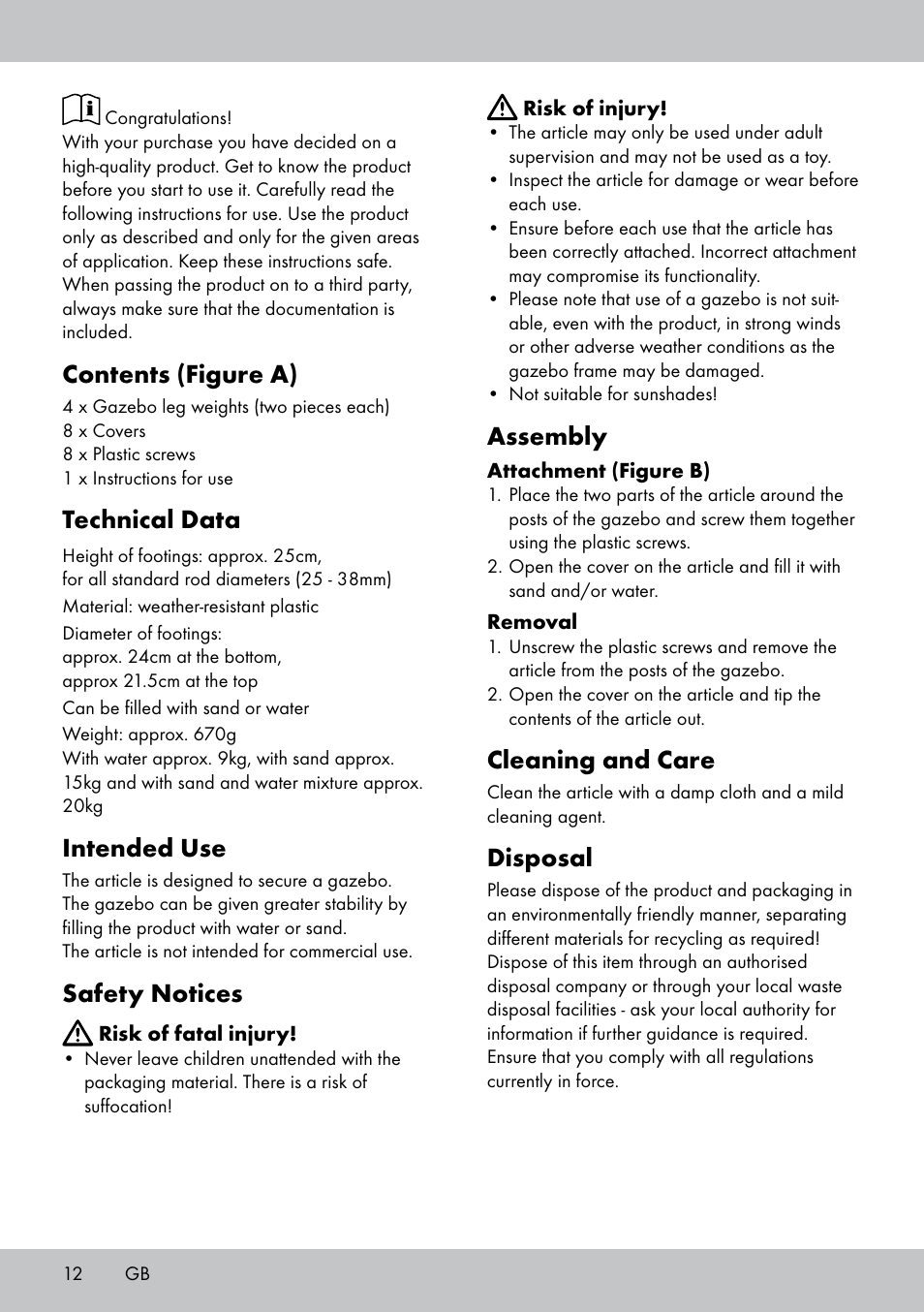Contents (figure a), Technical data, Intended use | Safety notices, Assembly, Cleaning and care, Disposal | Florabest PS-1801 User Manual | Page 12 / 16