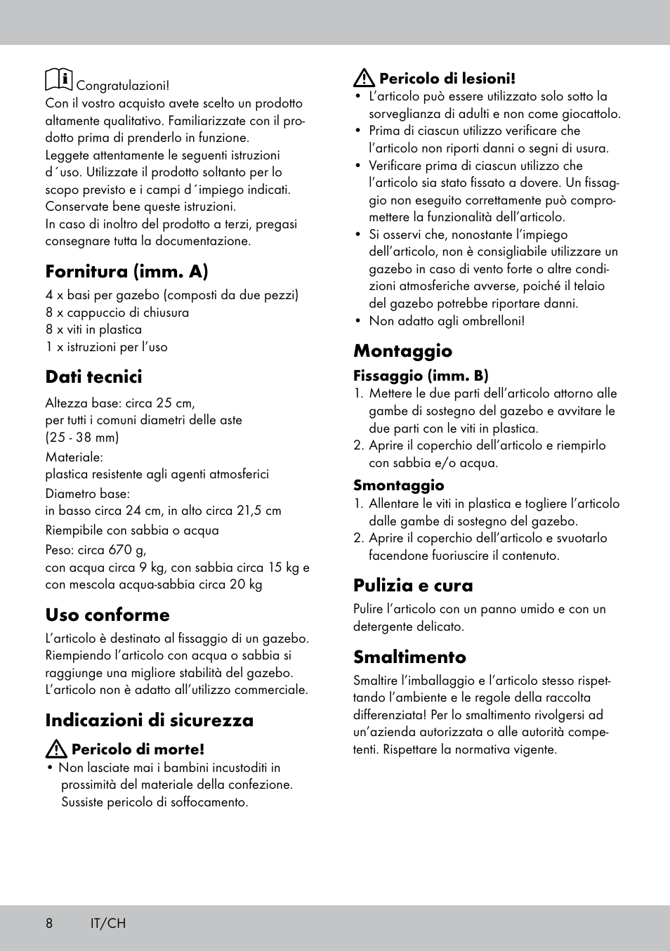 Fornitura (imm. a), Dati tecnici, Uso conforme | Indicazioni di sicurezza, Montaggio, Pulizia e cura, Smaltimento | Florabest PS-1801 User Manual | Page 8 / 16