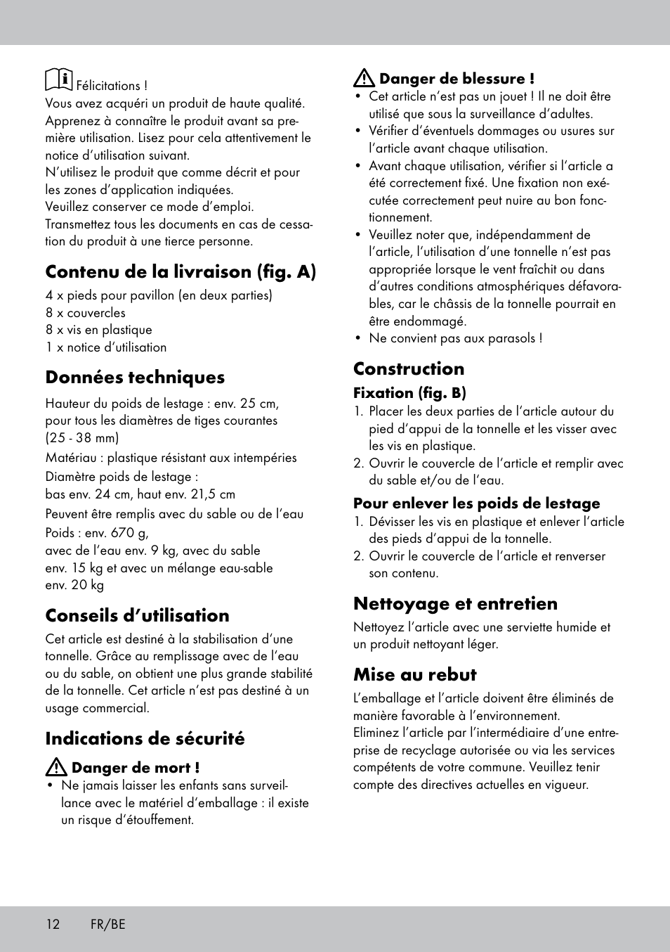 Contenu de la livraison (fig. a), Données techniques, Conseils d’utilisation | Indications de sécurité, Construction, Nettoyage et entretien, Mise au rebut | Florabest PS-1801 User Manual | Page 12 / 20