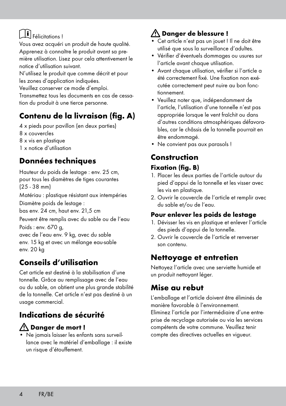 Contenu de la livraison (fig. a), Données techniques, Conseils d’utilisation | Indications de sécurité, Construction, Nettoyage et entretien, Mise au rebut | Florabest PS-1801 User Manual | Page 4 / 12