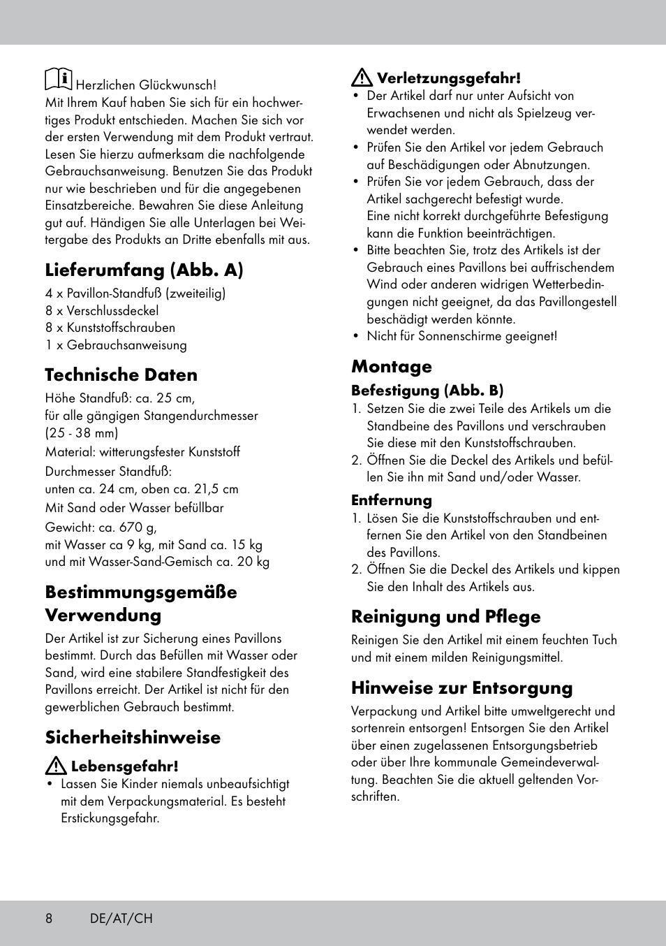 Lieferumfang (abb. a), Technische daten, Bestimmungsgemäße verwendung | Sicherheitshinweise, Montage, Reinigung und pflege, Hinweise zur entsorgung | Florabest PS-1801 User Manual | Page 8 / 12