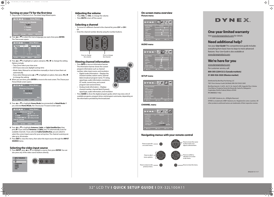 Menu, One-year limited warranty, Need additional help | We’re here for you, Turning on your tv for the first time, Selecting the video input source, Adjusting the volume, Selecting a channel, Viewing channel information, On-screen menu overview | Dynex DX-32L100A11 User Manual | Page 2 / 2