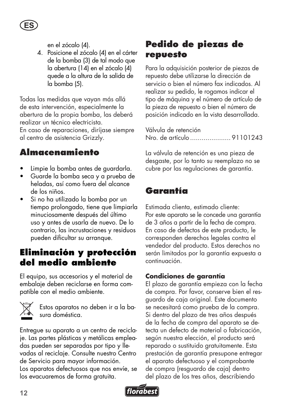 Almacenamiento, Eliminación y protección del medio ambiente, Pedido de piezas de repuesto | Garantía | Florabest FTP 400 B2 User Manual | Page 12 / 54