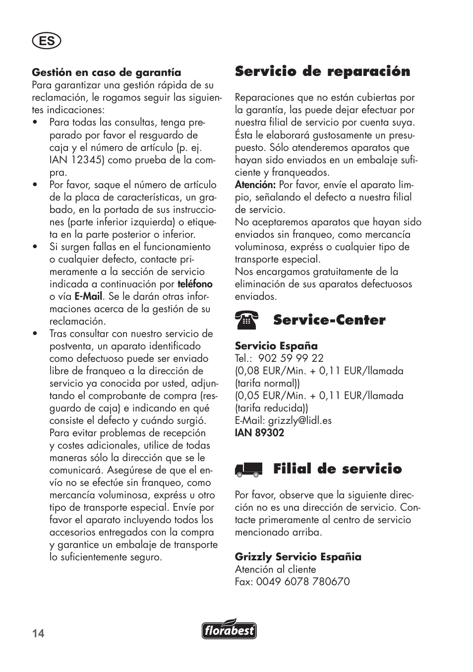 Servicio de reparación, Service-center, Filial de servicio | Florabest FTP 400 B2 User Manual | Page 14 / 54