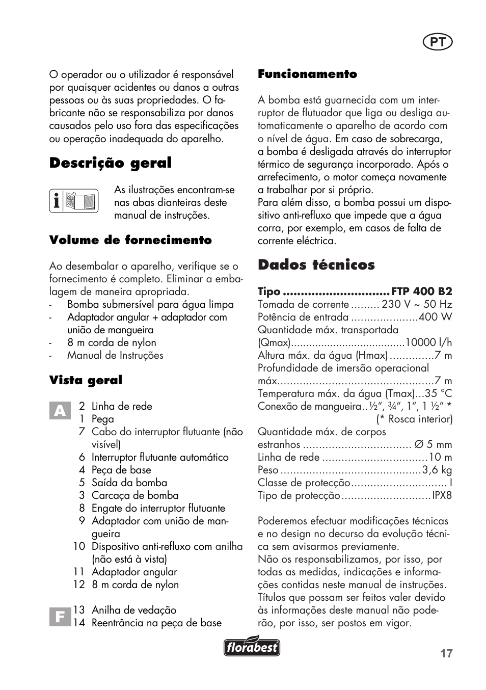 Dados técnicos, Descrição geral | Florabest FTP 400 B2 User Manual | Page 17 / 54