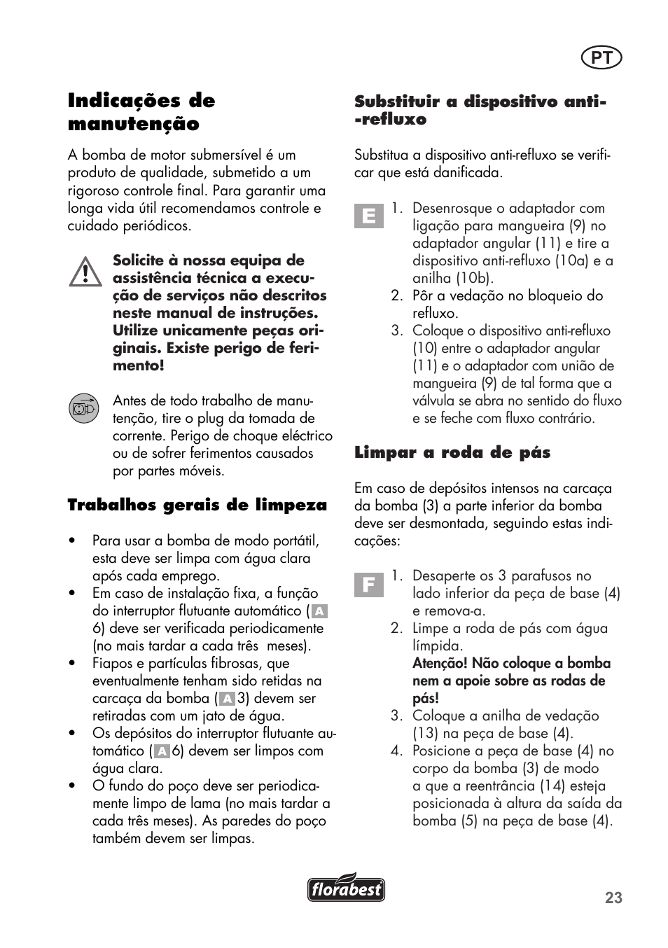 Indicações de manutenção | Florabest FTP 400 B2 User Manual | Page 23 / 54