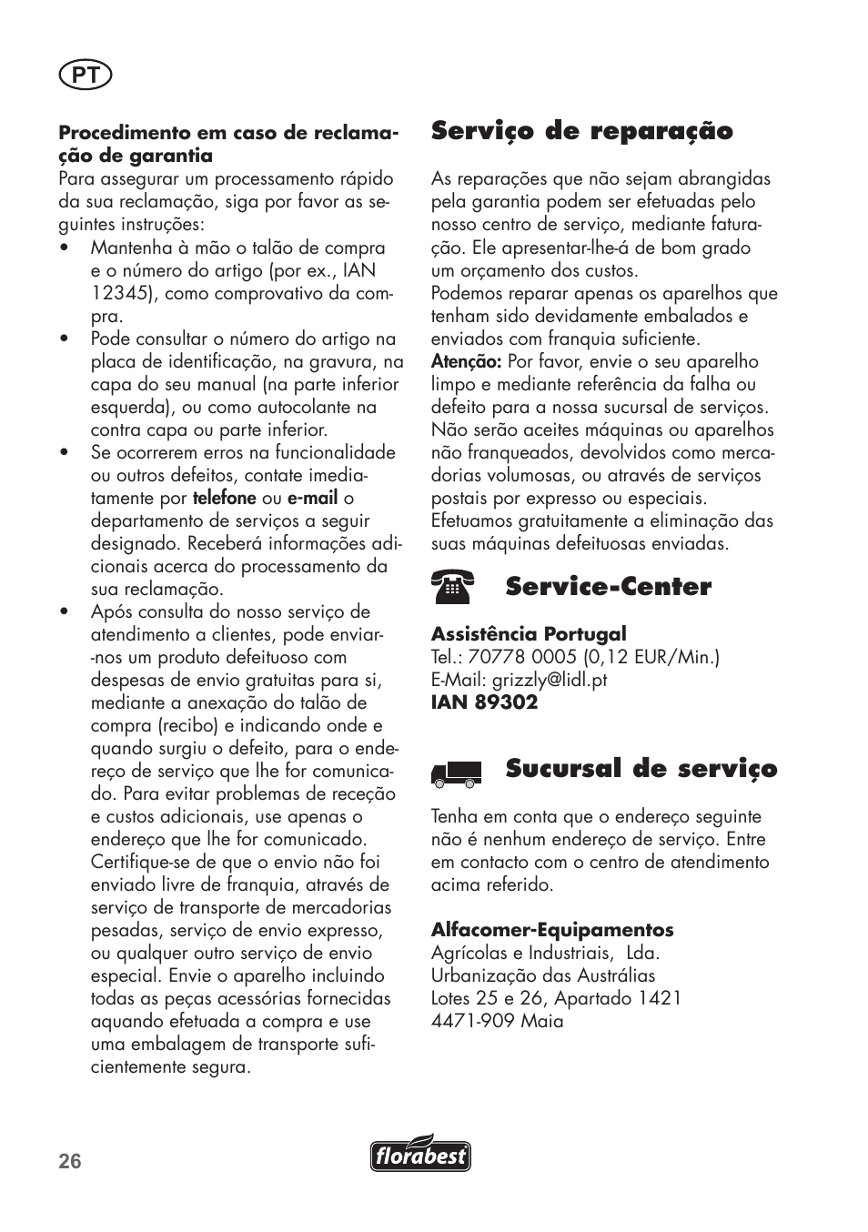 Serviço de reparação, Service-center, Sucursal de serviço | Florabest FTP 400 B2 User Manual | Page 26 / 54
