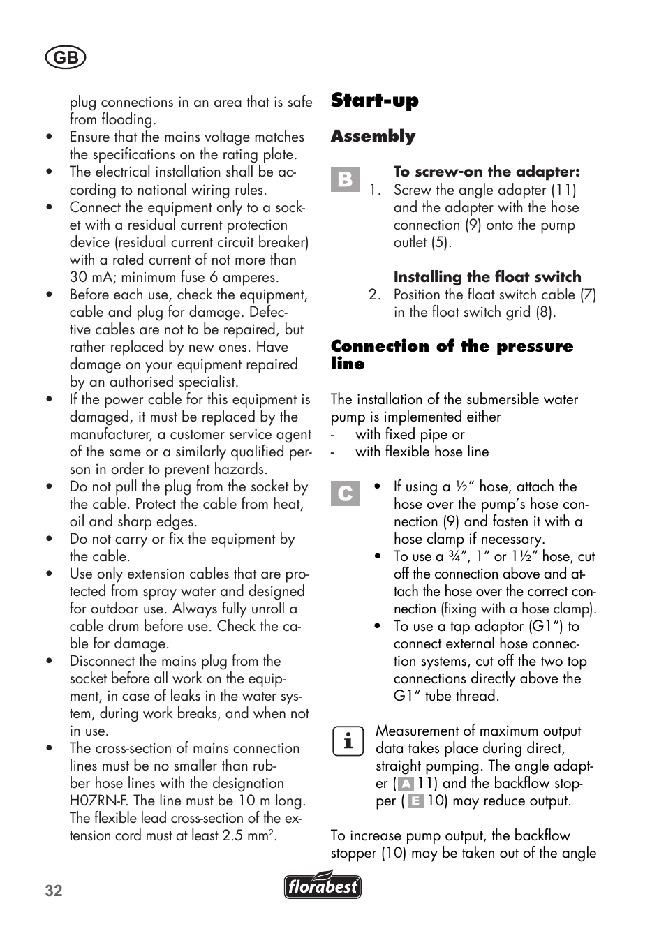 Start-up | Florabest FTP 400 B2 User Manual | Page 32 / 54