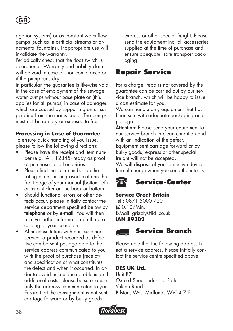 Repair service, Service-center, Service branch | Florabest FTP 400 B2 User Manual | Page 38 / 54