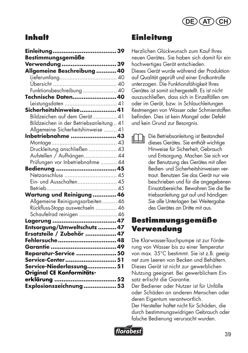 Einleitung, Bestimmungsgemäße verwendung, Inhalt | De at ch | Florabest FTP 400 B2 User Manual | Page 39 / 54