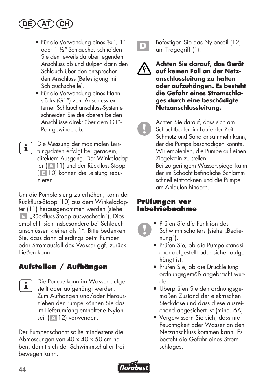 De at ch | Florabest FTP 400 B2 User Manual | Page 44 / 54