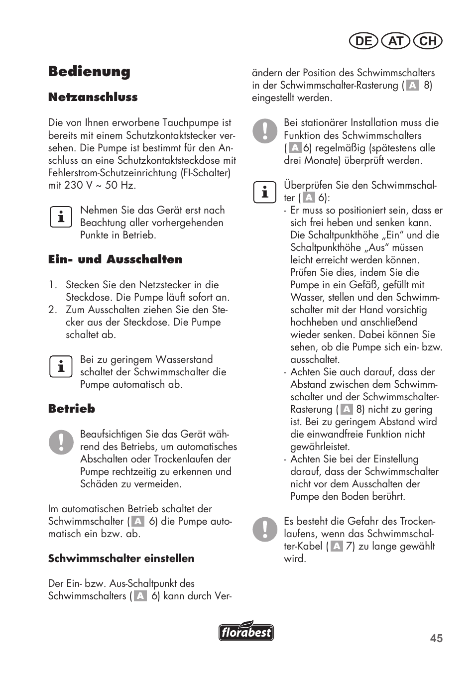 Bedienung, De at ch | Florabest FTP 400 B2 User Manual | Page 45 / 54