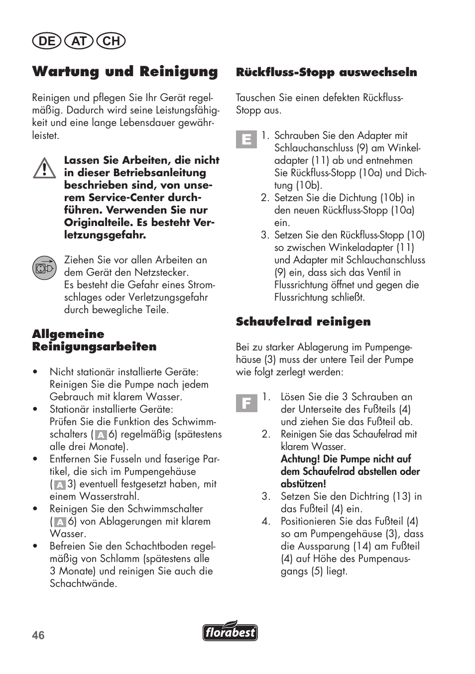 Wartung und reinigung, De at ch | Florabest FTP 400 B2 User Manual | Page 46 / 54