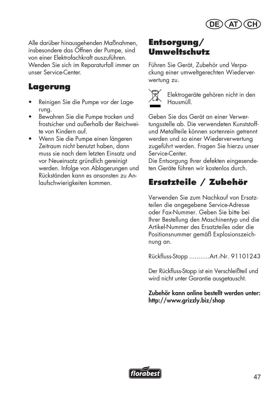 Lagerung, Entsorgung/ umweltschutz, Ersatzteile / zubehör | De at ch | Florabest FTP 400 B2 User Manual | Page 47 / 54