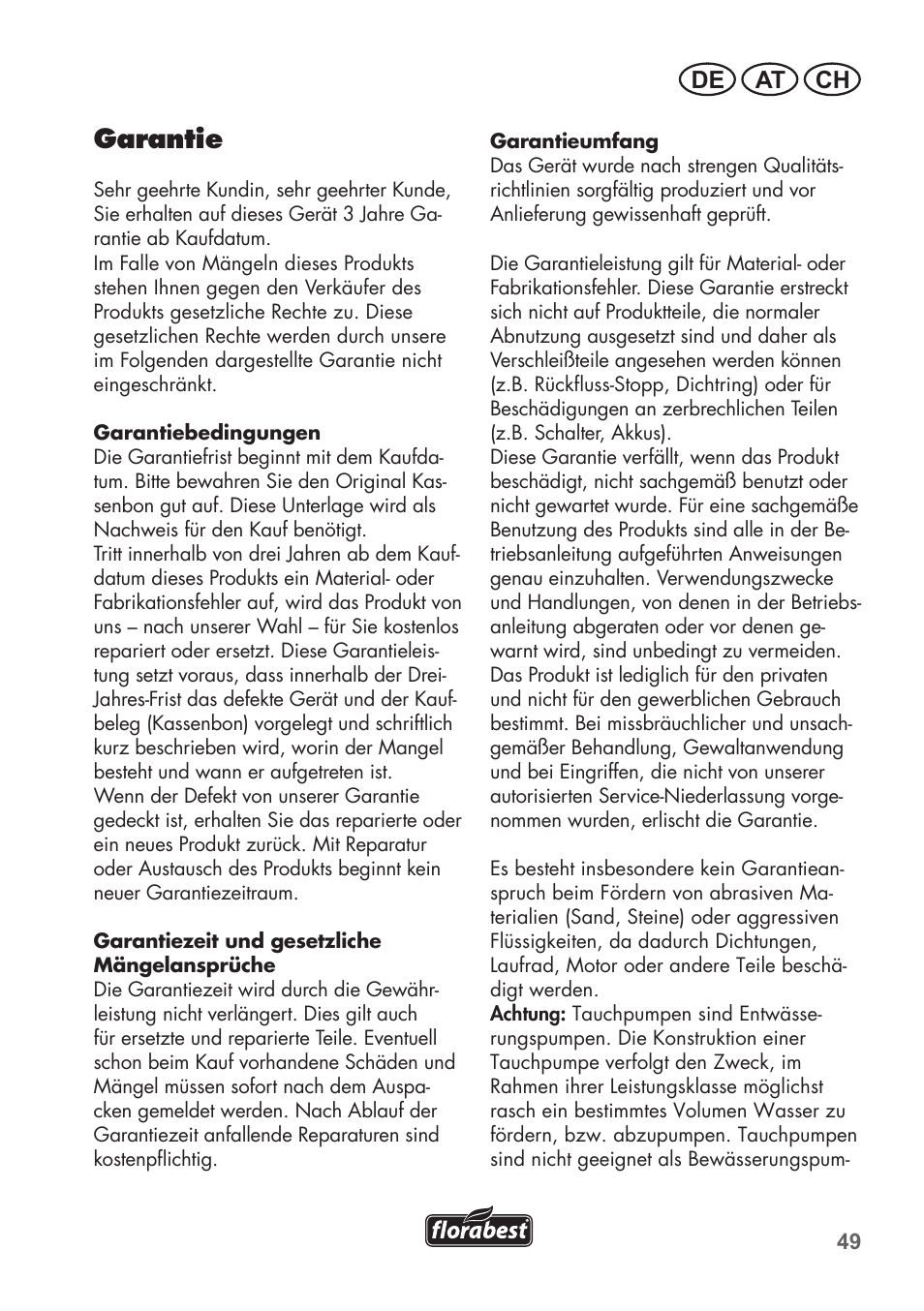 Garantie, De at ch | Florabest FTP 400 B2 User Manual | Page 49 / 54