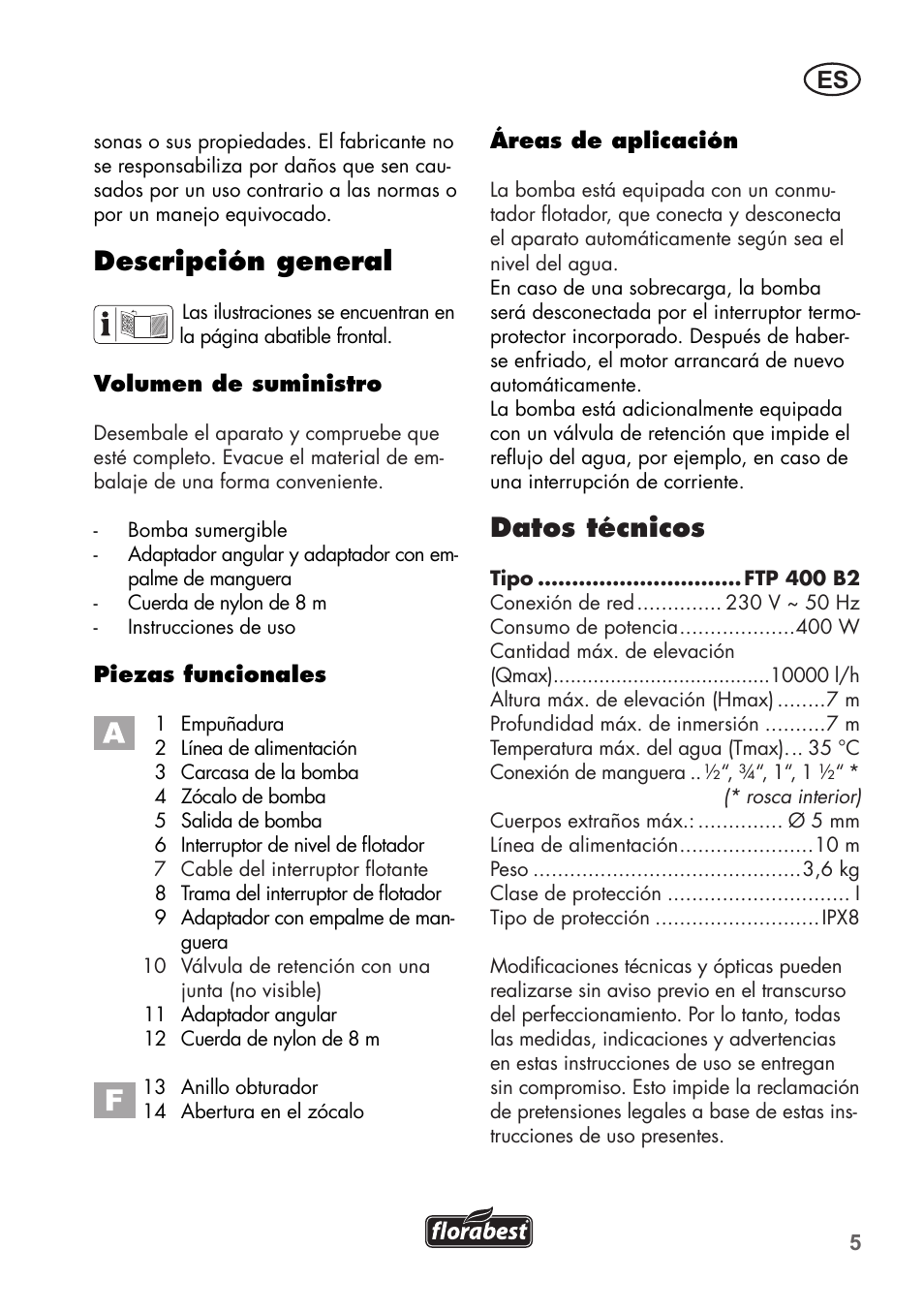 Datos técnicos, Descripción general | Florabest FTP 400 B2 User Manual | Page 5 / 54