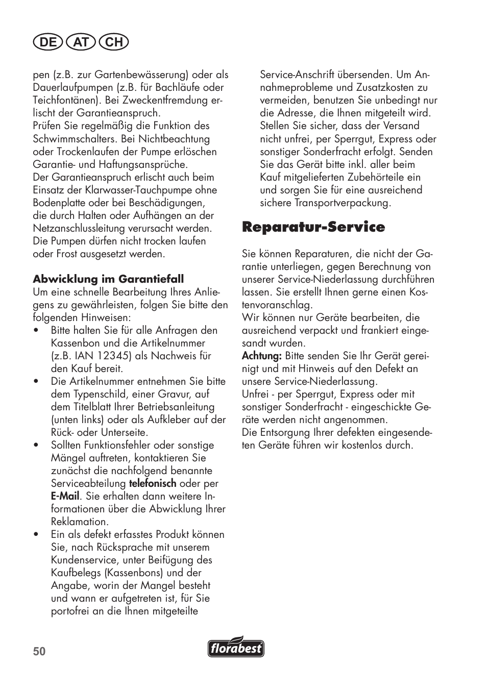 Reparatur-service, De at ch | Florabest FTP 400 B2 User Manual | Page 50 / 54