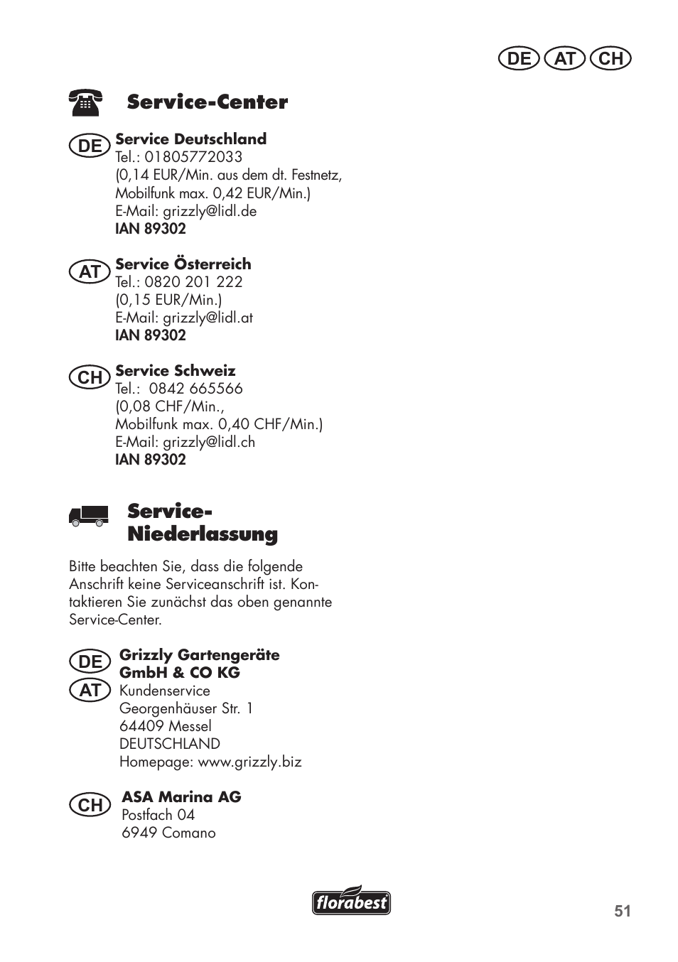 Service-center, Service- niederlassung, De at ch | De at at ch ch | Florabest FTP 400 B2 User Manual | Page 51 / 54