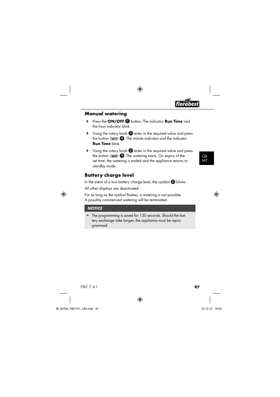 Manual watering, Battery charge level | Florabest FBC 7 A1 User Manual | Page 100 / 133