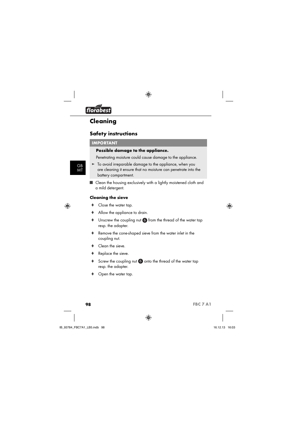 Cleaning, Safety instructions | Florabest FBC 7 A1 User Manual | Page 101 / 133
