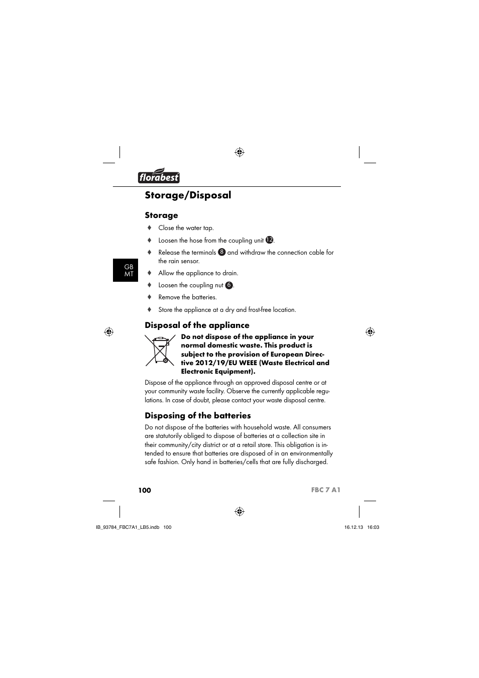 Storage/disposal, Storage, Disposal of the appliance | Disposing of the batteries | Florabest FBC 7 A1 User Manual | Page 103 / 133