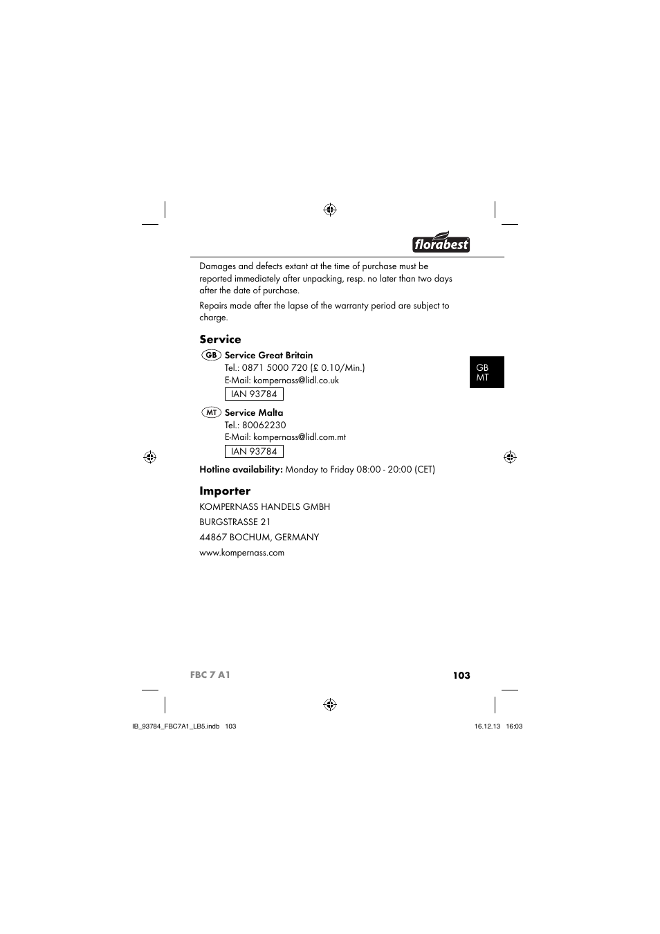 Service, Importer | Florabest FBC 7 A1 User Manual | Page 106 / 133