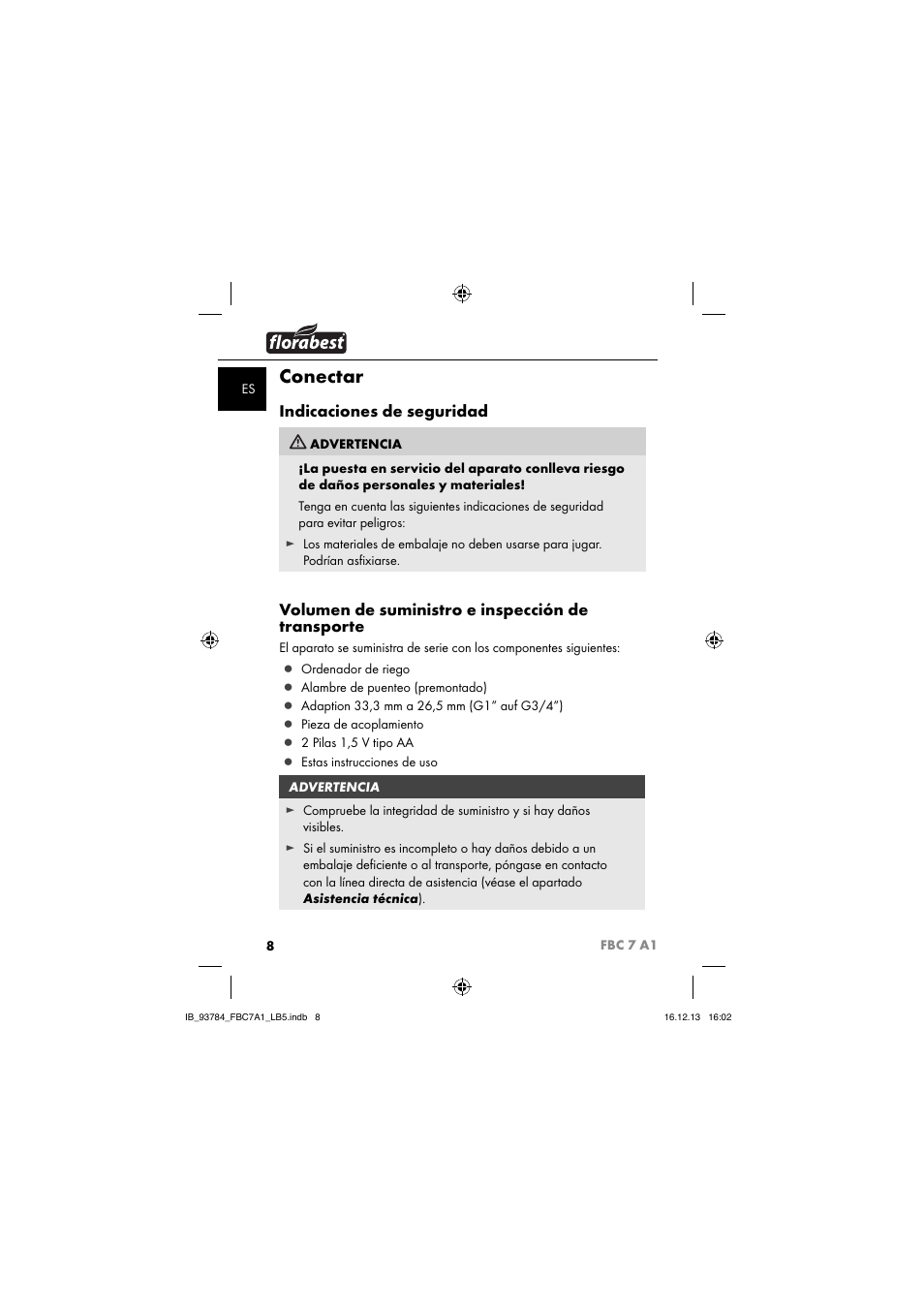 Conectar, Indicaciones de seguridad, Volumen de suministro e inspección de transporte | Florabest FBC 7 A1 User Manual | Page 11 / 133