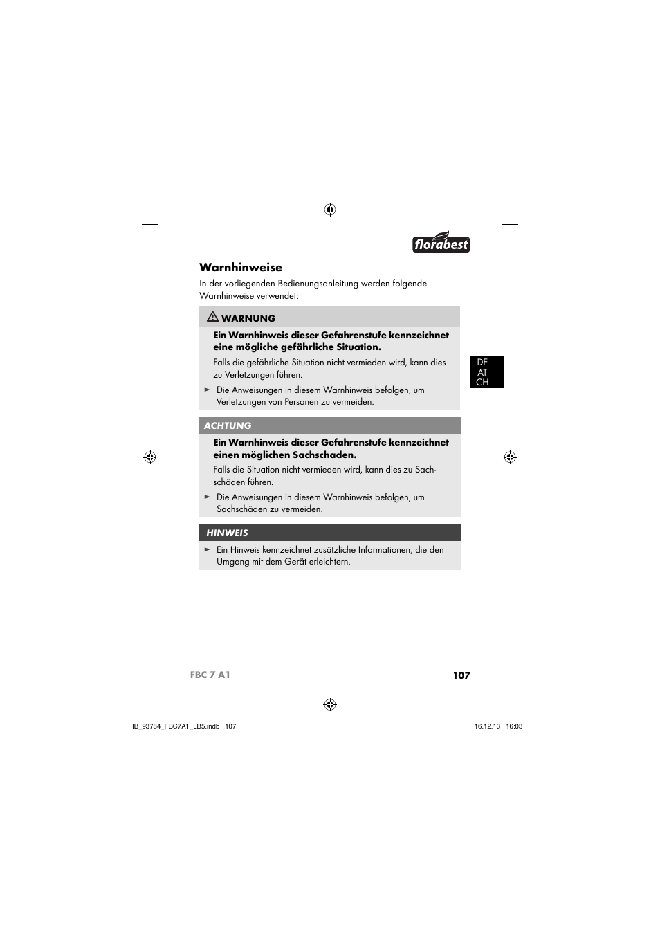 Warnhinweise | Florabest FBC 7 A1 User Manual | Page 110 / 133