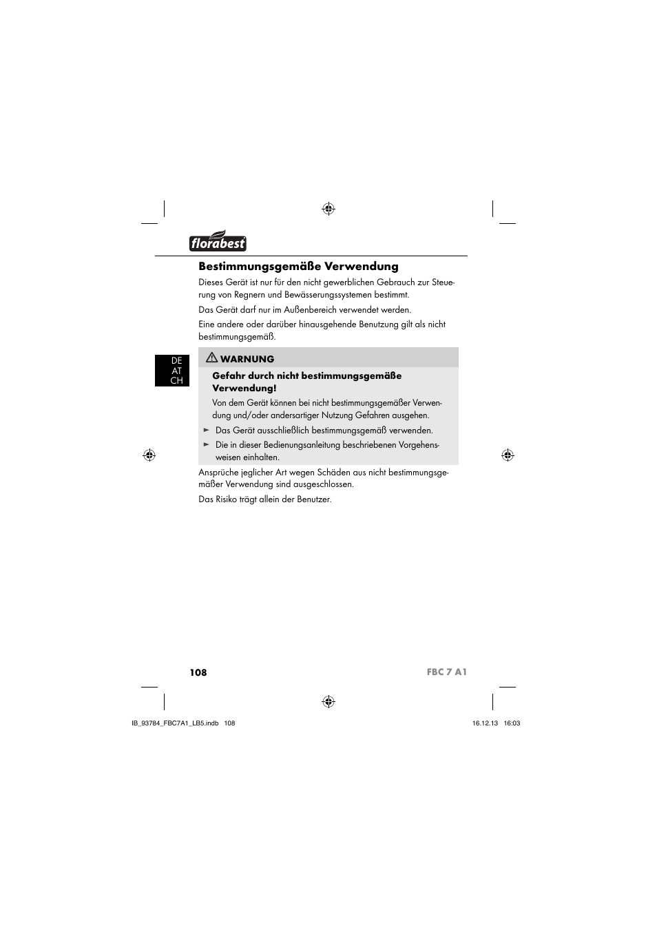 Bestimmungsgemäße verwendung | Florabest FBC 7 A1 User Manual | Page 111 / 133