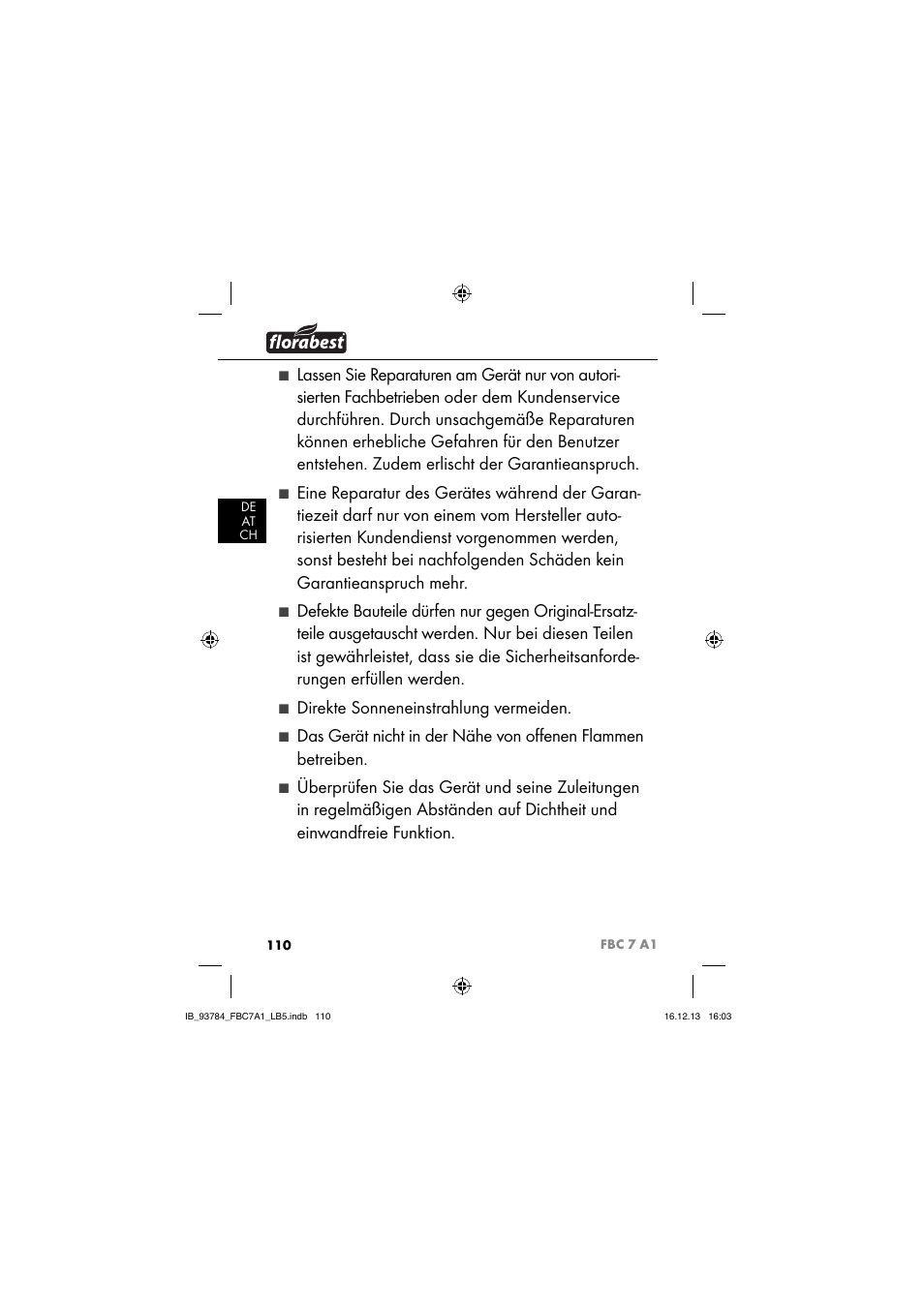 Direkte sonneneinstrahlung vermeiden | Florabest FBC 7 A1 User Manual | Page 113 / 133
