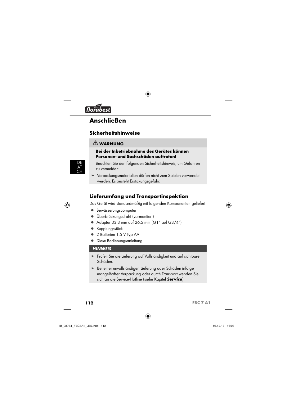 Anschließen, Sicherheitshinweise, Lieferumfang und transportinspektion | Florabest FBC 7 A1 User Manual | Page 115 / 133