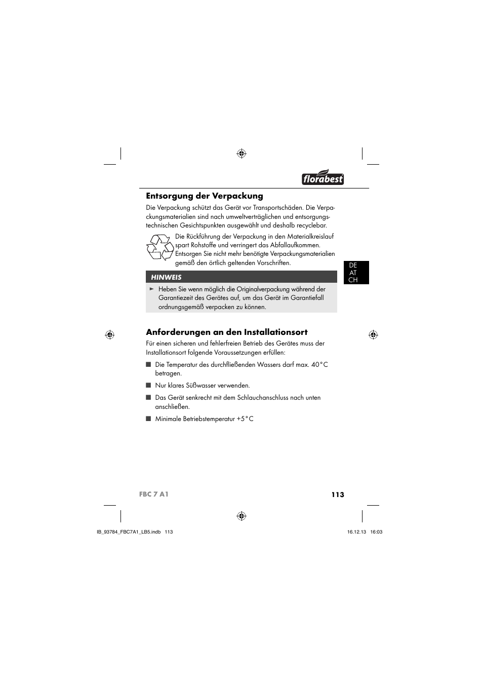 Entsorgung der verpackung, Anforderungen an den installationsort | Florabest FBC 7 A1 User Manual | Page 116 / 133