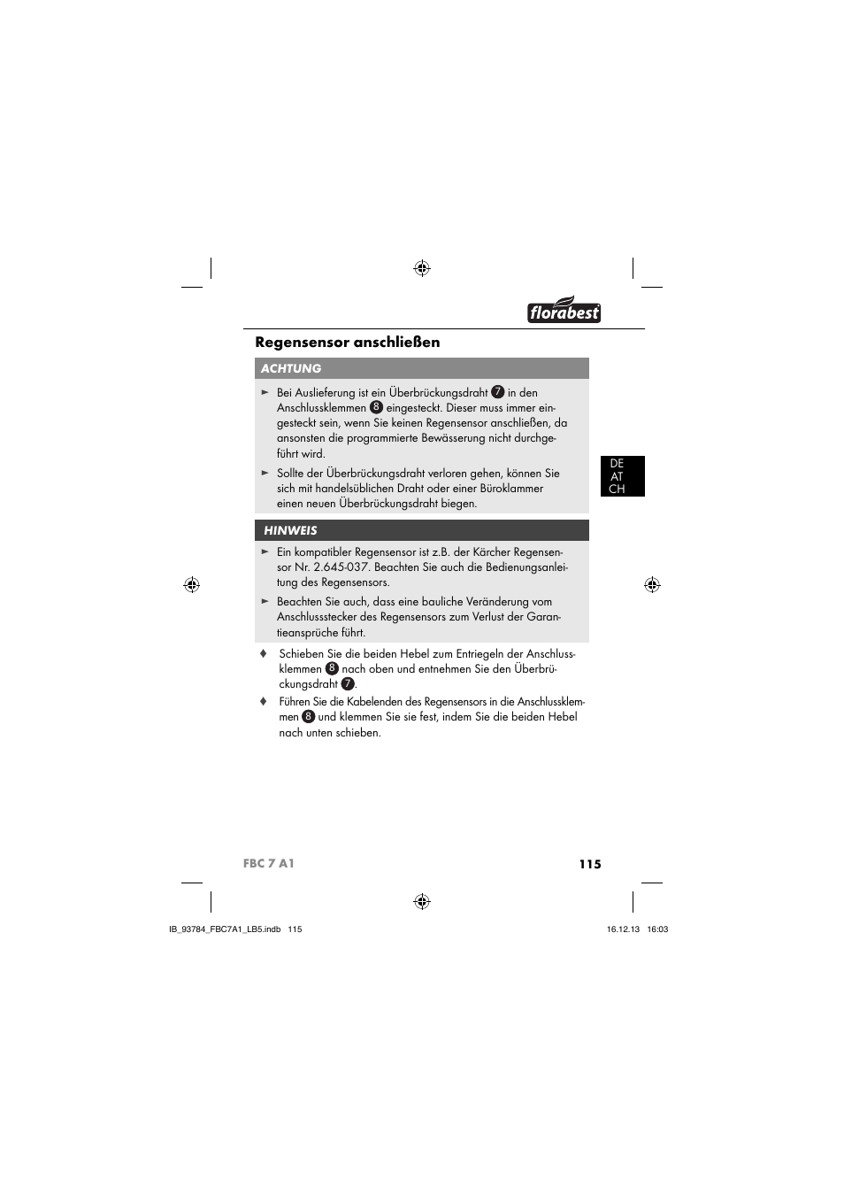 Regensensor anschließen | Florabest FBC 7 A1 User Manual | Page 118 / 133