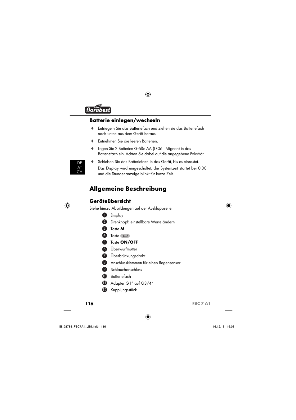 Allgemeine beschreibung, Batterie einlegen/wechseln, Geräteübersicht | Florabest FBC 7 A1 User Manual | Page 119 / 133