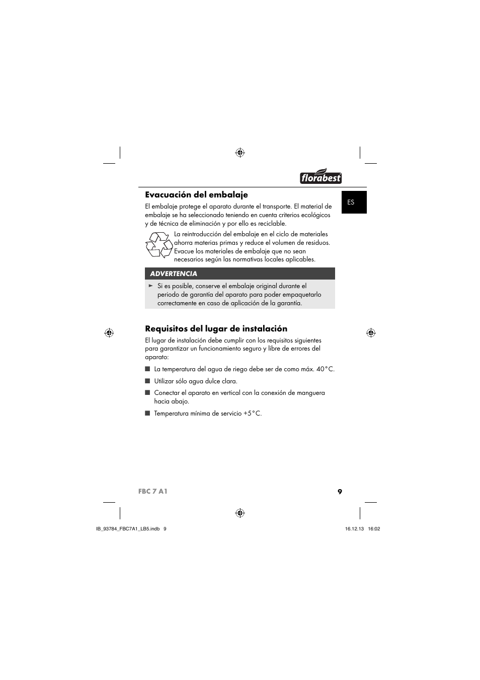 Evacuación del embalaje, Requisitos del lugar de instalación | Florabest FBC 7 A1 User Manual | Page 12 / 133