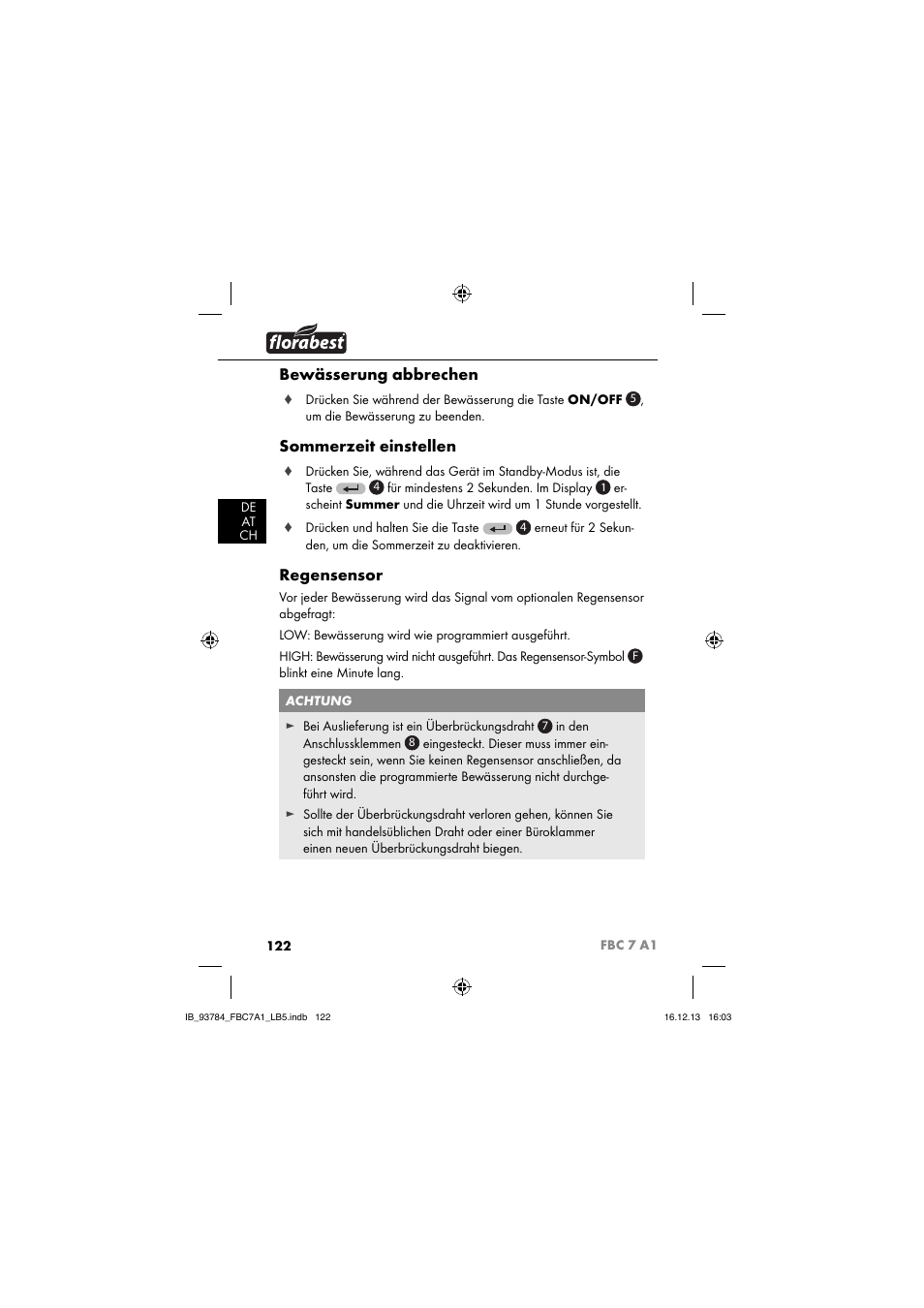 Bewässerung abbrechen, Sommerzeit einstellen, Regensensor | Florabest FBC 7 A1 User Manual | Page 125 / 133